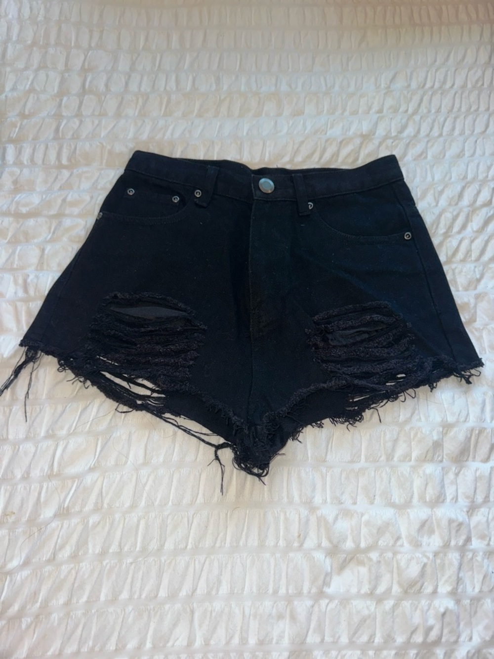 Boohoo Black Distressed High-Waist Denim Shorts